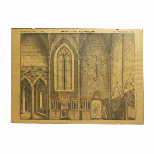 Dibujo de una vista grabada representando una de las salas de un monasterio.